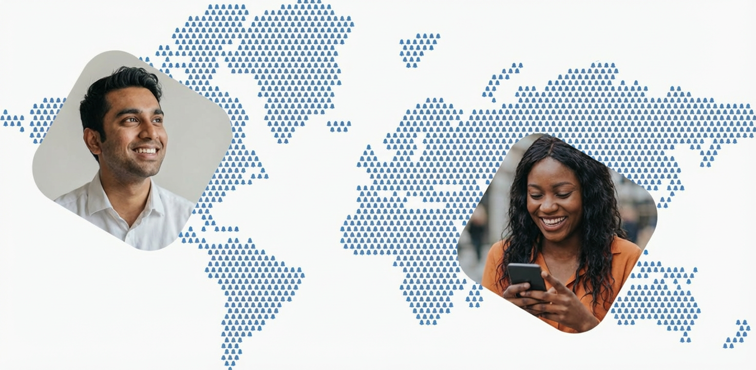 A world map made of tiny light green trees, with two overlay blocks with pictures, one with an african man looking to a computer screen, and another with an asian woman holding a mobile in the street