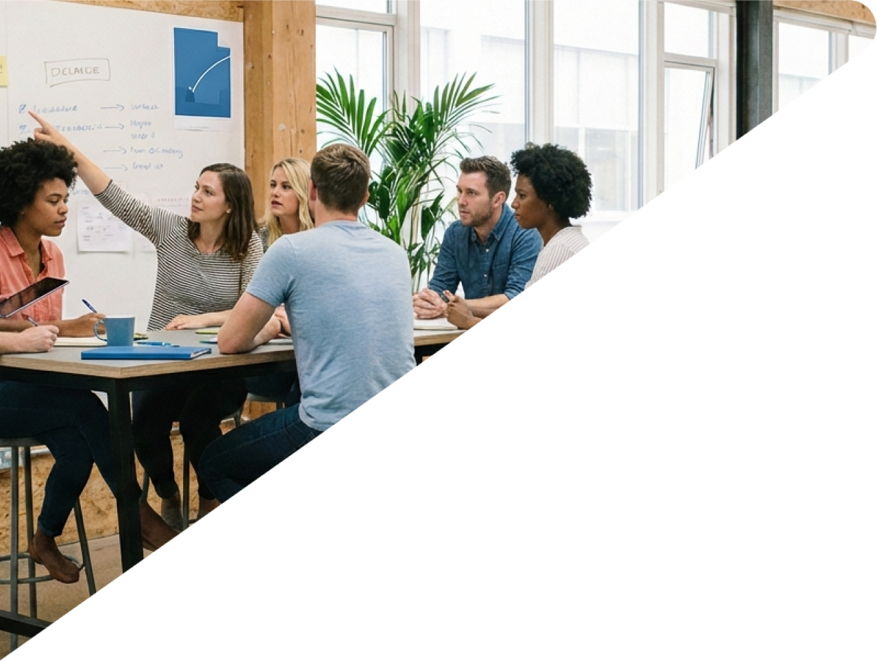 Photography of a modern office with young people chatting and working on computers